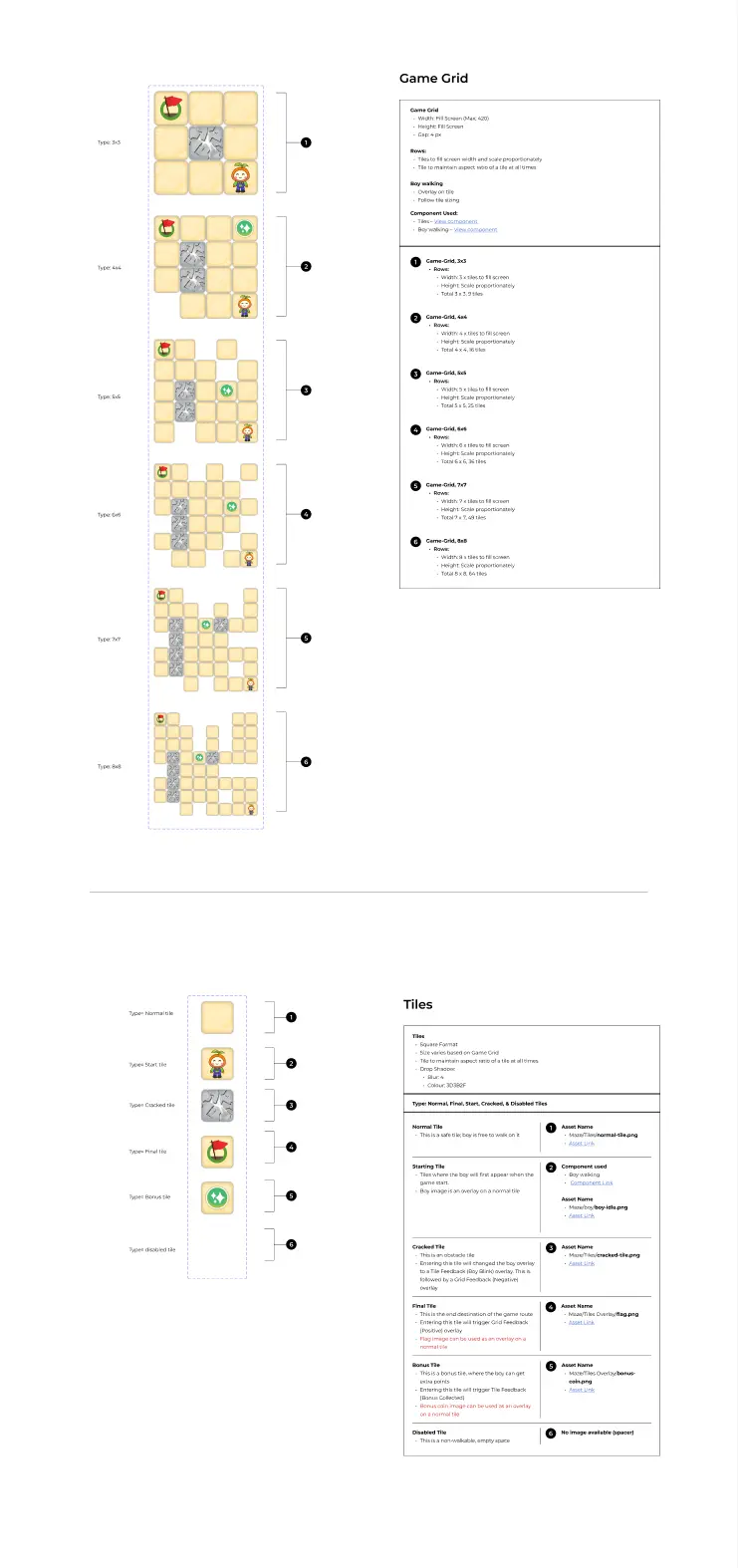 Maze: game grids from 3x3 to 8x8 and tile types