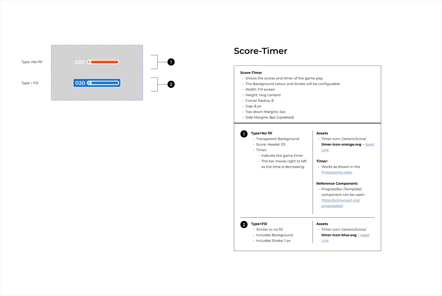 Score-timer component: no-fill and fill variants with specs