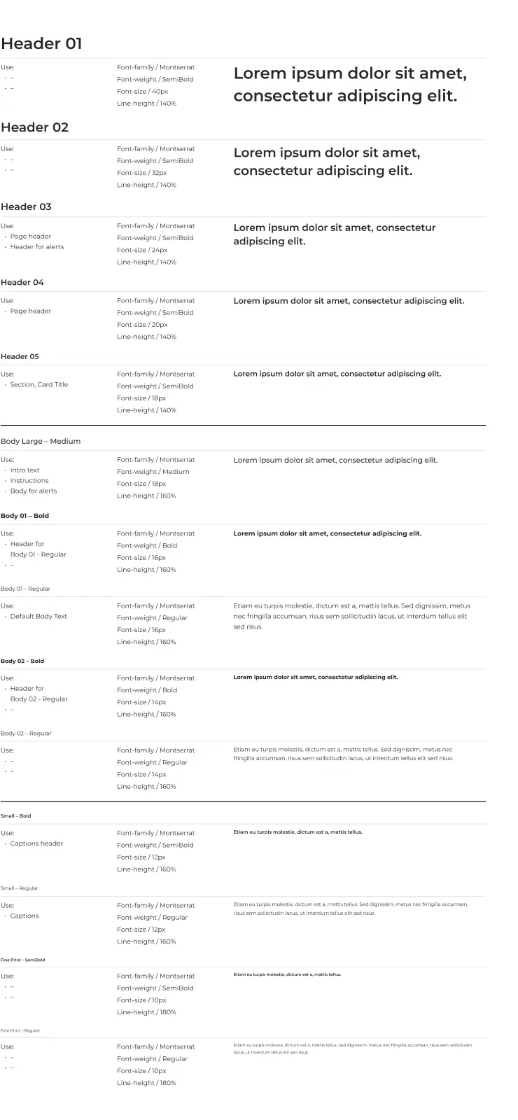 Type scale: Montserrat headers 01 to 05, body, small and fine print