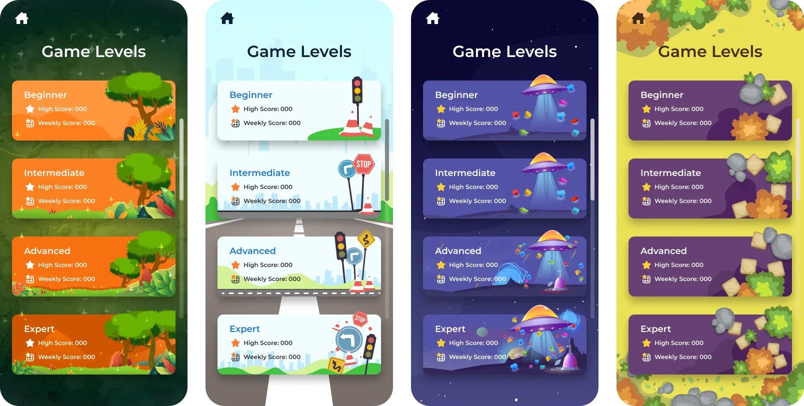 The same level-selection component in four game skins