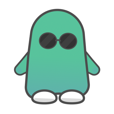 Aki, a rounded green mascot in dark round sunglasses.