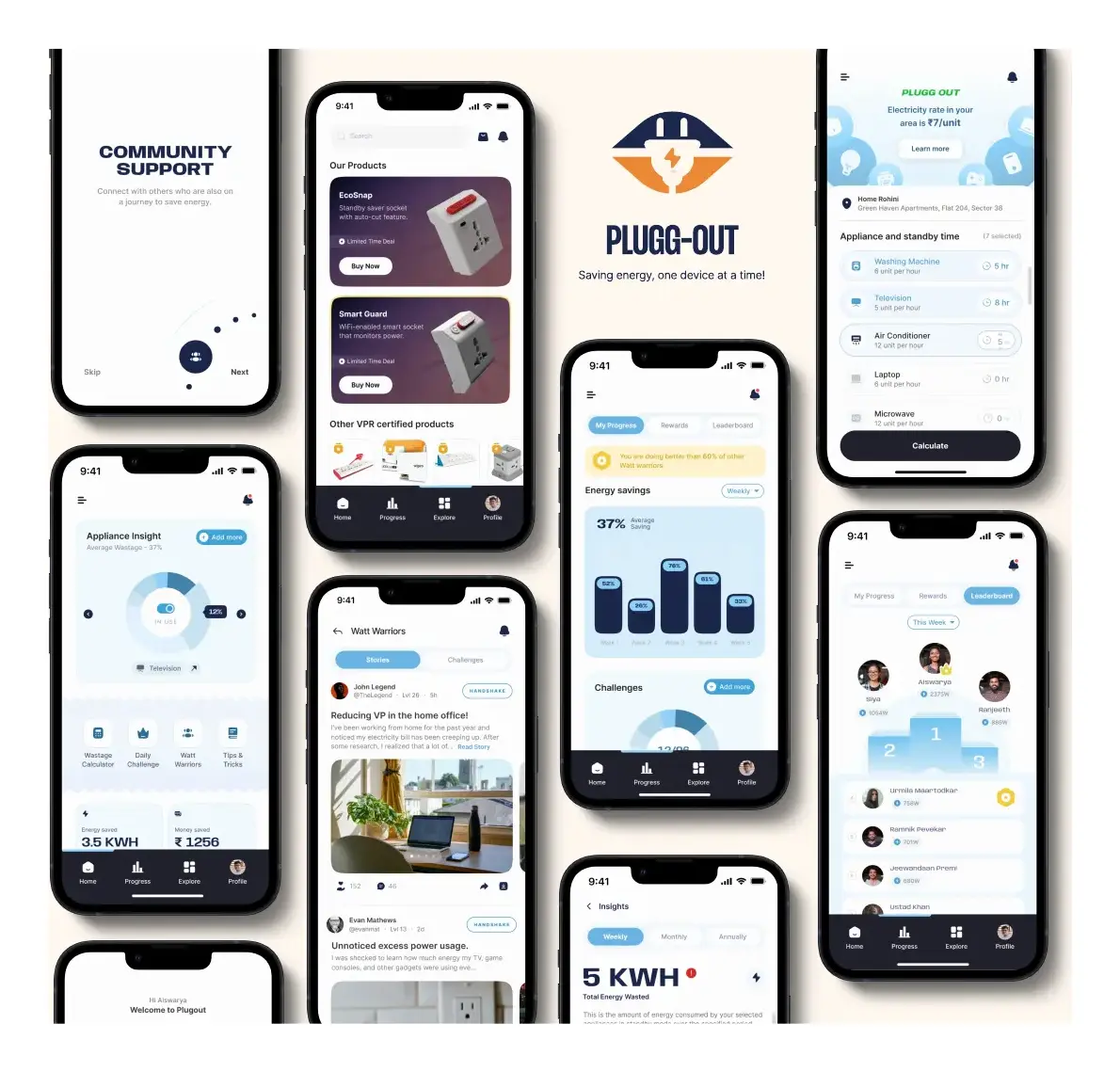 Plugg-out app screens: monitoring, store, challenges and leaderboard