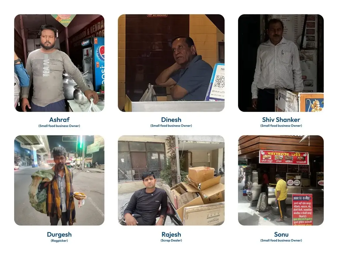 Research participants: small food business owners Ashraf, Dinesh, Shiv Shanker and Sonu, rag picker Durgesh and scrap dealer Rajesh