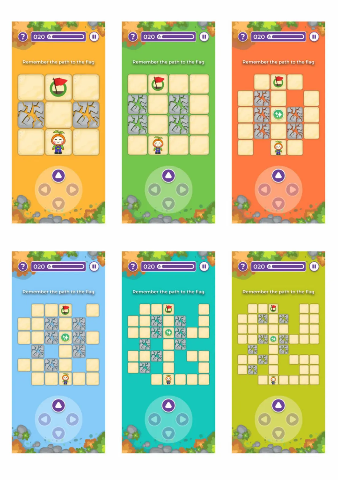 Maze Walker levels, each with its own background colour